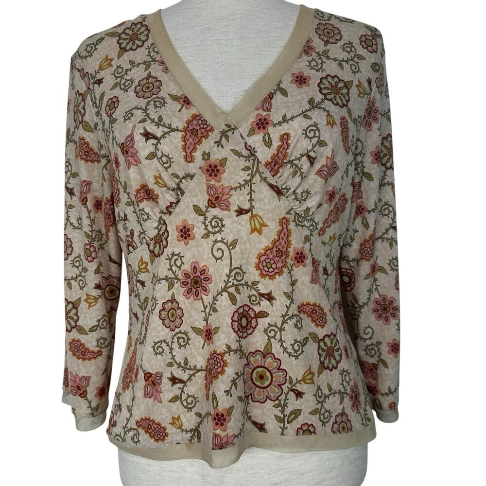 No Boundaries Y2K Top Women Medium Beige Floral V-Neck Cottagecore Boho Stretchy